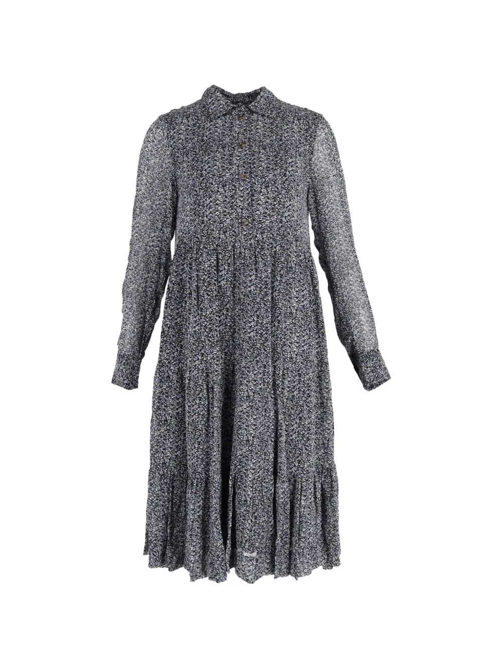 Ganni Blue and White Printed Floral Long Sleeve Midi Dress
